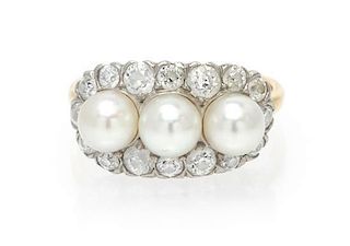 A Platinum, Yellow Gold, Natural Pearl and Diamond Ring, Tiffany & Co., 3.40 dwts.