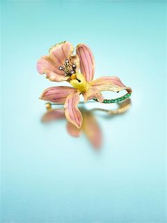 An Art Nouveau Yellow Gold, Polychrome Enamel, Diamond and Emerald "Style No. 4: Calanthe Veitchii" Orchid Brooch, Paulding Farn