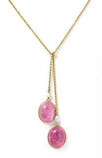 An Antique Yellow Gold, Pink Tourmaline and Pearl Lariat Necklace, 6.30 dwts.
