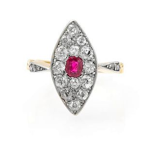 A Platinum Topped Gold, Synthetic Ruby and Diamond Ring, 2.80 dwts.