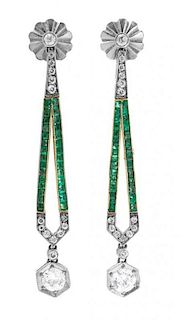 A Pair of Art Deco Platinum, Gold, Diamond, and Emerald Earrings, 3.70 dwts.
