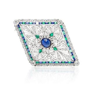 A Fine Platinum, Sapphire, Diamond and Emerald Pendant/Brooch, Tiffany & Co., Circa 1912, 13.70 dwts.