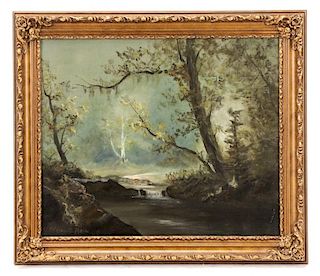 Americans School, "Evening Forest", Oil, Signed