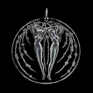 A Molded Glass and Platinum 'Deux Figurines Et Fleurs' Pendant, Rene Lalique,