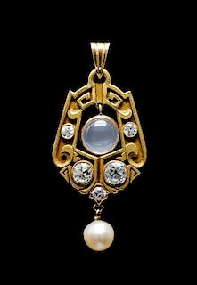 An Arts and Crafts Yellow Gold, Moonstone, Diamond and Pearl Pendant, 5.10 dwts.