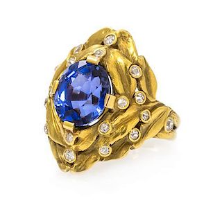 An Art Nouveau 18 Karat Yellow Gold, Sapphire and Diamond Ring, 6.60 dwts.
