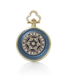 A Yellow Gold, Platinum, Diamond and Polychrome Enamel Open Face Pendant Watch, 11.80 dwts.