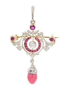 A Belle Epoque Platinum Topped Gold, Diamond, Ruby and Natural Conch Pearl Pendant/Brooch, 5.50 dwts.