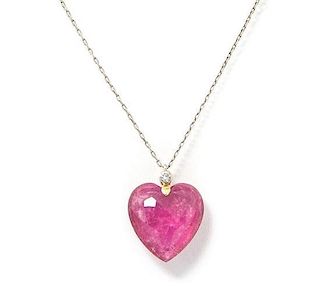 A Platinum Topped Gold, Diamond and Pink Tourmaline Heart Pendant, 5.00 dwts.