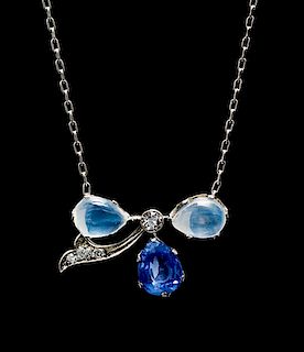 An Edwardian Platinum, Moonstone, Sapphire and Diamond Pendant Necklace, Tiffany & Co., 4.80 dwts.