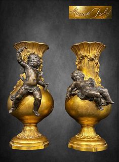 A Pair of 19th C. Marcel Debut Signed Figural Patinated Bronze Vases