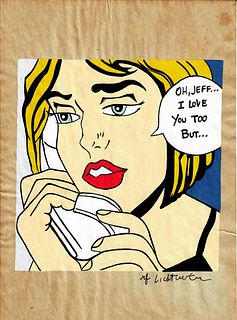 Oh, Jeff …, Roy Lichtenstein Signed Drawing Print on Old Paper, Stamped