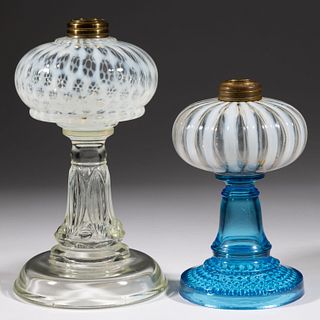 ASSORTED OPALESCENT GLASS KEROSENE STAND LAMPS, LOT OF TWO,