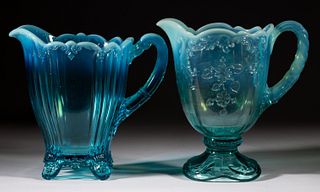ASSORTED PRESSED OPALESCENT GLASS WATER PITCHERS, LOT OF TWO,
