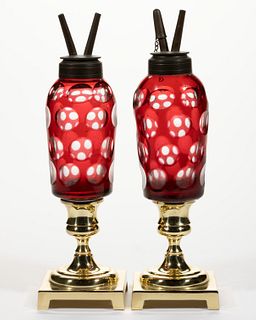 CUT OVERLAY OVAL AND PUNTY FLUID PEG LAMPS, PAIR