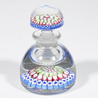 ANTIQUE ENGLISH CONCENTRIC MILLEFIORI PAPERWEIGHT INKWELL, 