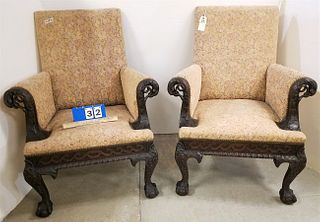 PR C1890 CARVED MAHOG ARMCHAIRS W/ CARVED EAGLES HEADS ON ARMS AND LEGS W/ HAIRY CLAW AND BALL FEET 41 1/2"H X 33"W X 21"D