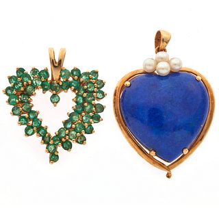Collection of Two Emerald, Lapis, 14k Heart Pendants