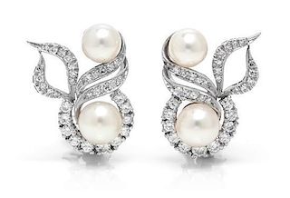 A Pair of White Gold, Pearl and Diamond Earrings, 9.70 dwts.