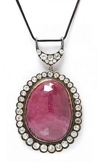 An Antique, Silver Topped Gold Natural Ruby and Diamond Pendant, 24.00 dwts.