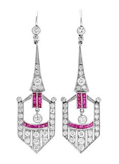 A Pair of Platinum, Yellow Gold, Ruby, and Diamond Earrings, 5.10 dwts.