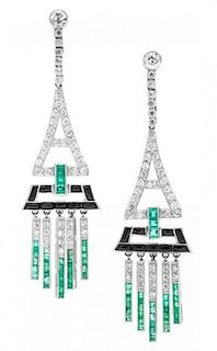 A Pair of Platinum, Diamond, Emerald and Onyx Drop Earrings, 10.40 dwts.