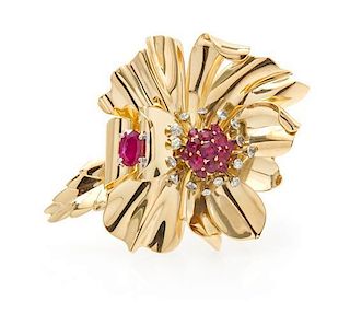 A Retro Rose Gold, Platinum, Ruby and Diamond Brooch, French, 20.10 dwts.