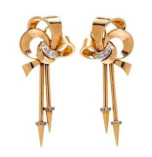 A Pair of Retro Rose Gold and Diamond Earclips, 17.20 dwts.