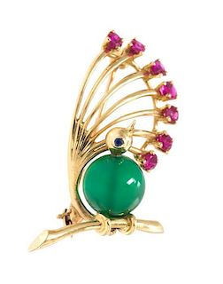 A 14 Karat Yellow Gold, Chalcedony, Ruby and Sapphire Brooch, Tiffany & Co., 2.90 dwts.