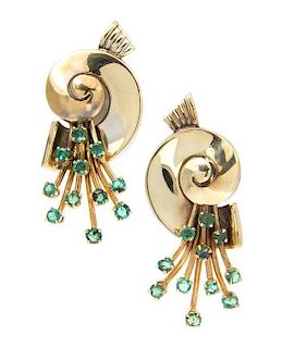 A Pair of Retro Yellow Gold and Emerald Earclips, Tiffany & Co., Circa 1946, 8.90 dwts.