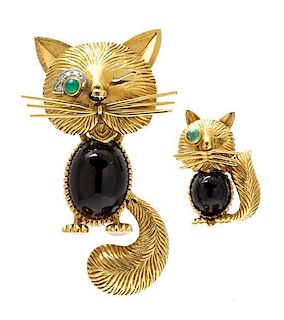 A Pair of Yellow Gold and Multi Gem Cat Pins, Van Cleef and Arpels, 16.50 dwts.