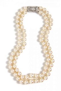 A Double Strand Graduated Cultured Pearl Necklace with Platinum and Diamond Clasp, Raymond Yard,