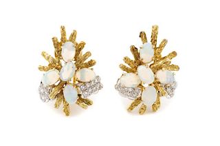 Ladies 14k Yellow Gold, Opal & Diamond Earrings