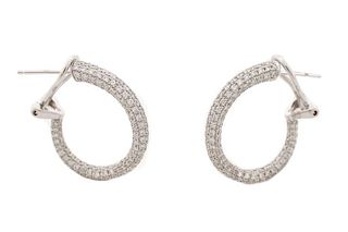 Pair 18K White Gold & Pave Diamond Hoop Earrings