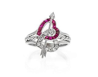 A Platinum, White Gold, Ruby, and Diamond Ring, 2.05 dwts.