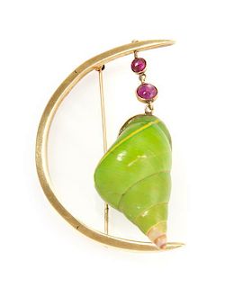 A Vintage Yellow Gold, Ruby and Shell Pin, Marguerite Stix, 7.80 dwts.