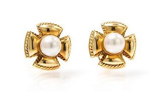 A Pair of 18 Karat Yellow Gold and Cultured Pearl Earclips, Schlumberger for Tiffany & Co., 8.60 dwts.