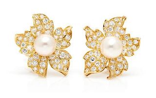 A Pair of 18 Karat Yellow Gold, Cultured Pearl and Diamond Flower Earclips, 11.30 dwts.