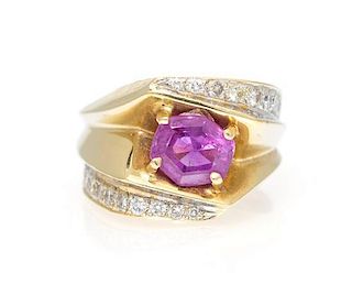 * A 14 Karat Yellow Gold, Pink Sapphire and Diamond Ring, 17.30 dwts.