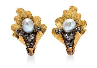 A Pair of 18 Karat Yellow Gold, Silver, Cultured Pearl and Diamond Earclips, M. Buccellati, 15.90 dwts.