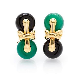 A Pair of 18 Karat Yellow Gold, Onyx and Dyed green Chalcedony Earclips, Marina B., 23.60 dwts.