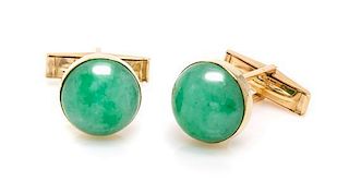 A Pair of Yellow Gold and Jade Cufflinks, 8.60 dwts.