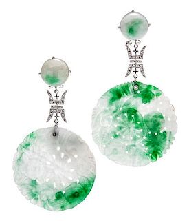 A Pair of 18 Karat White Gold, Jade and Diamond Earrings, 15.50 dwts.