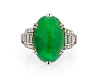A Platinum, Jade and Diamond Ring, Peacock, Circa 1950, 5.30 dwts.
