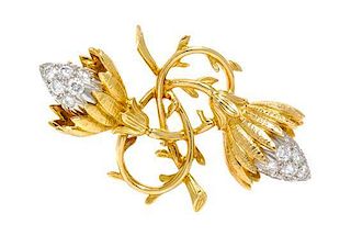 An 18 Karat Yellow Gold, Platinum and Diamond "Twin Buds" Brooch, Schlumberger for Tiffany & Co., 9.40 dwts.