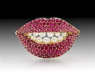 An 18 Karat Yellow Gold, Ruby and Cultured Pearl Lips Brooch, Henryk Kaston for Salvador Dali, 16.80 dwts.