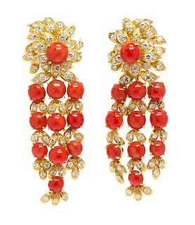 A Pair of 18 Karat Yellow Gold, Coral and Diamond Earclips, Circa 1960, 38.90 dwts.
