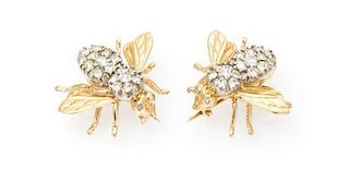 A Pair of 14 Karat Yellow Gold and Diamond Bee Brooches, 5.10 dwts.