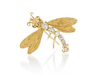 An 18 Karat Yellow Gold, Diamond and Emerald Dragonfly Brooch, Herbert Rosenthal, 2.70 dwts.