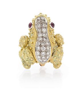 A Gold, Diamond and Ruby Frog Brooch, 6.90 dwts.